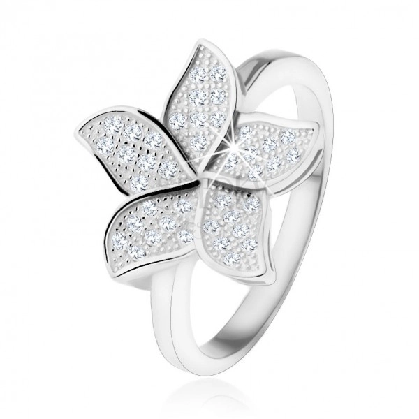 Srebrny pierścionek 925, błyszczący cyrkoniowy przezroczysty kwiat