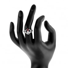 Srebrny pierścionek 925, dwa przezroczyste cyrkoniowe serca, lśniąca różowa cyrkonia