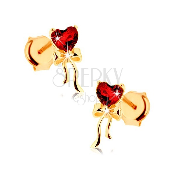 Kolczyki z żółtego złota 9K - czerwone serce z granatu, lśniąca kokardka