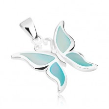 Srebrny wisiorek 925, motylek ze skrzydłami ozdobionymi niebieską masą perłową