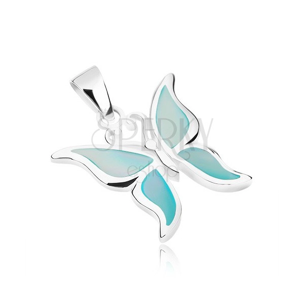 Srebrny wisiorek 925, motylek ze skrzydłami ozdobionymi niebieską masą perłową