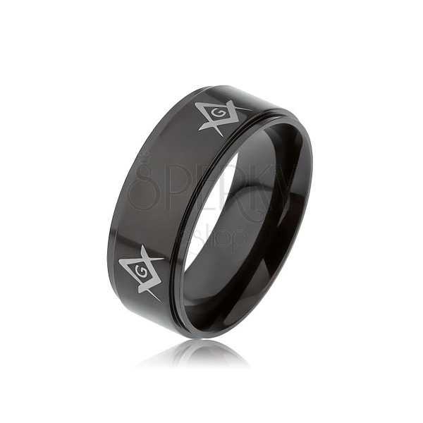Stalowy pierścionek czarnego koloru, symbole wolnomularskie na podniesionym pasie