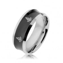 Stalowy pierścionek w czarnym i srebrnym kolorze z wgłębionym środkiem, symbole