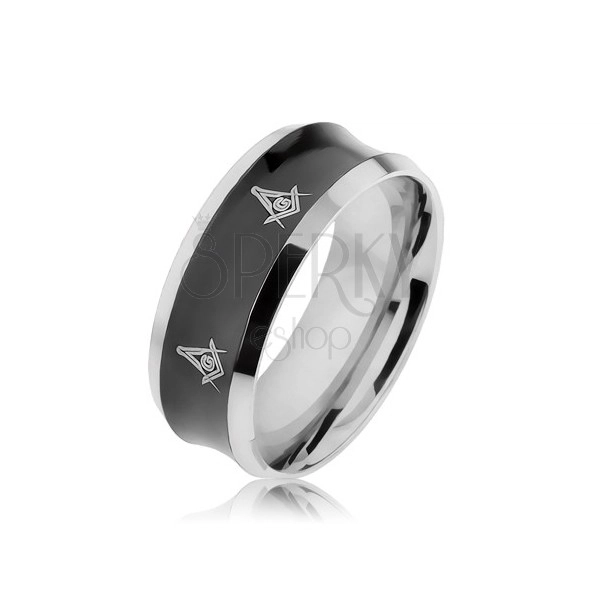 Stalowy pierścionek w czarnym i srebrnym kolorze z wgłębionym środkiem, symbole