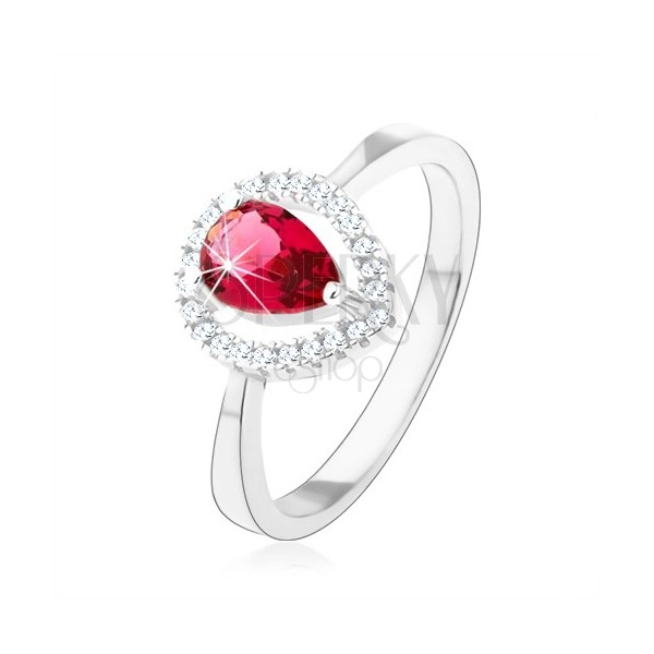 Srebrny pierścionek 925, różowa cyrkoniowa łezka, błyszczący zarys