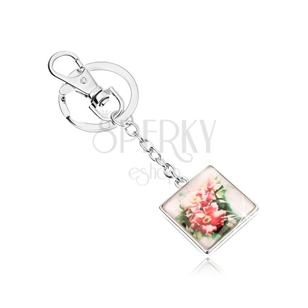 Breloczek do kluczy cabochon - kwadrat z wypukłym szkłem, rozwinięte różowe kwiaty