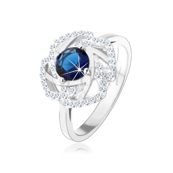 Srebrny 925 pierścionek, błyszczący zarys kwiatu, niebieska okrągła cyrkonia