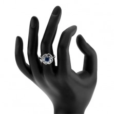 Srebrny 925 pierścionek, błyszczący zarys kwiatu, niebieska okrągła cyrkonia