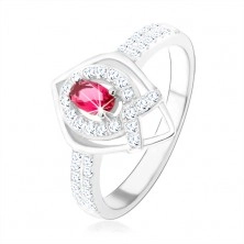 Srebrny pierścionek 925, zarys spiczastej łzy, różowa cyrkonia, linia w kształcie "V"