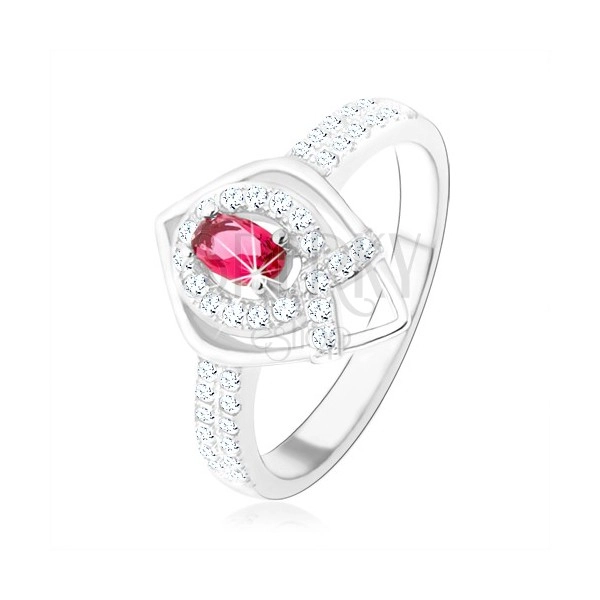 Srebrny pierścionek 925, zarys spiczastej łzy, różowa cyrkonia, linia w kształcie "V"