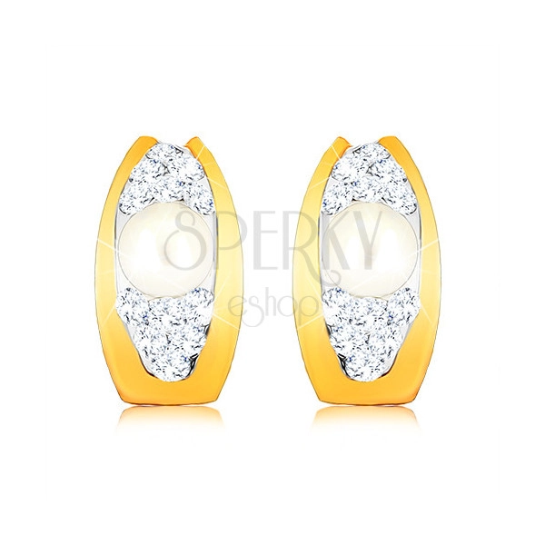 Złote kolczyki 375 - łuczek ozdobiony kryształami Swarovskiego i białą perłą