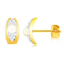 Złote kolczyki 375 - łuczek ozdobiony kryształami Swarovskiego i białą perłą