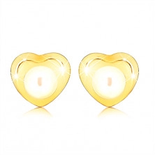 Kolczyki z żółtego złota 9K - małe lśniące serduszko, okrągła perełka