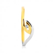 Złoty pierścionek 375 - asymetrycznie zagięte końce ramion, lśniąca cyrkonia