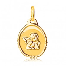 Złoty wisiorek 585 - owalny znaczek z aniołkiem, matowo błyszczące wykończenie