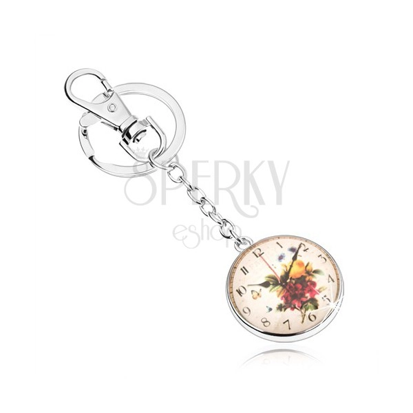 Breloczek w stylu cabochon, jasne wypukłe szkło, motyw zegarka z kwiatami