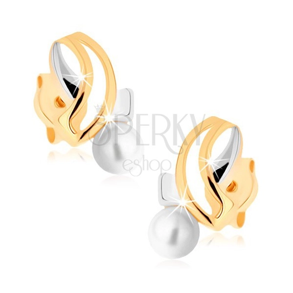 Kolczyki w żółtym 9K złocie - dwukolorowe przecinające się linie, biała perła