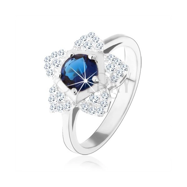 Zaręczynowy pierścionek, srebro 925, błyszczący kwiatek, okrągła niebieska cyrkonia