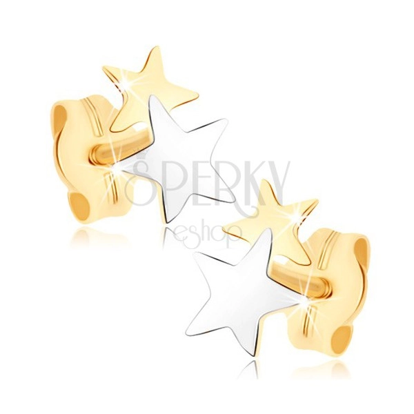 Wkładane kolczyki z żółtego 9K złota - dwukolorowe gwiazdeczki