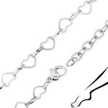 Stalowy łańcuszek na nogę, srebrny kolor, ogniwa - płaskie kontury serduszek