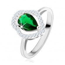Srebrny pierścionek 925, zielona cyrkoniowa kropelka, przezroczysty błyszczący zarys