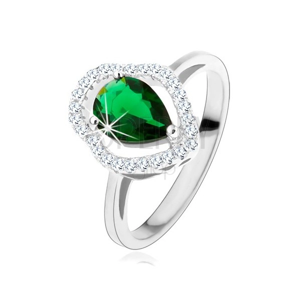 Srebrny pierścionek 925, zielona cyrkoniowa kropelka, przezroczysty błyszczący zarys