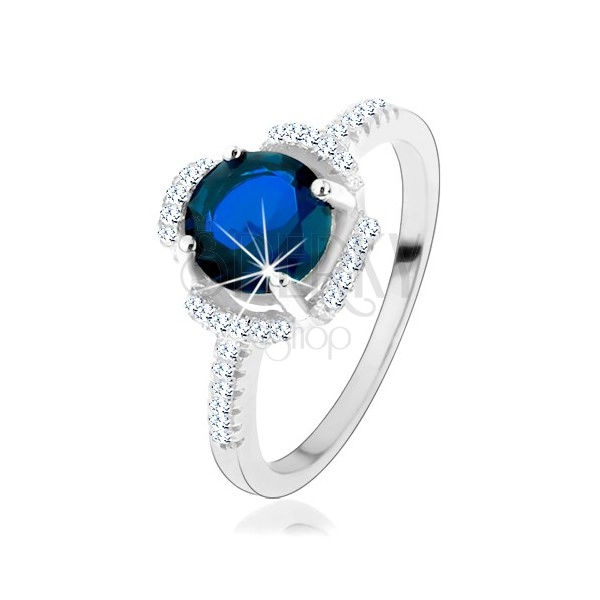 Zaręczynowy pierścionek, srebro 925, niebieski kwiatek, płatki z przezroczystych cyrkoników