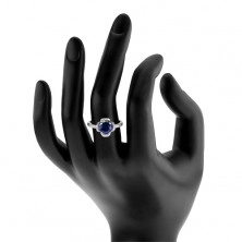 Zaręczynowy pierścionek, srebro 925, niebieski kwiatek, płatki z przezroczystych cyrkoników