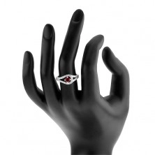 Srebrny pierścionek 925, rozdwojone błyszczące ramiona, różowa cyrkonia