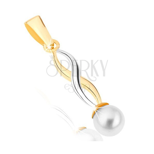 Złoty wisiorek 375 - lśniące dwukolorowe fale, okrągła perła białego koloru