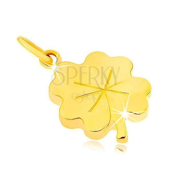 Wisiorek z żółtego 9K złota - błyszcząca płaska czterolistna koniczynka na szczęście
