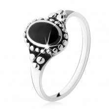 Patynowany pierścionek ze srebra 925, czarny owal, kuleczki, wysoki połysk 