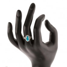 Srebrny pierścionek 925, owal w turkusowym odcieniu, kontur z kuleczek, rozdzielone ramiona 