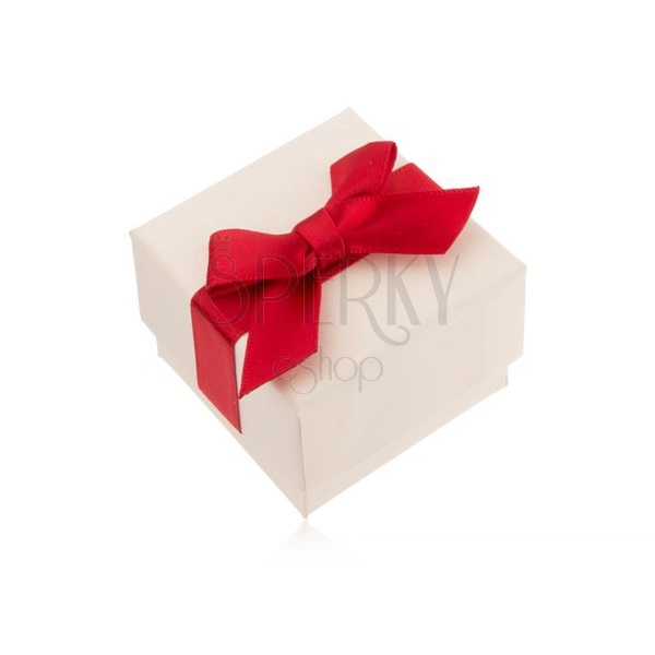 Białe upominkowe pudełeczko na pierścionek, wisiorek, kolczyki, czerwona kokarda