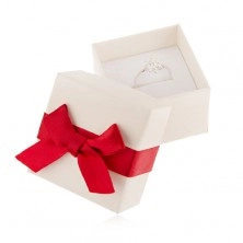 Białe upominkowe pudełeczko na pierścionek, wisiorek, kolczyki, czerwona kokarda