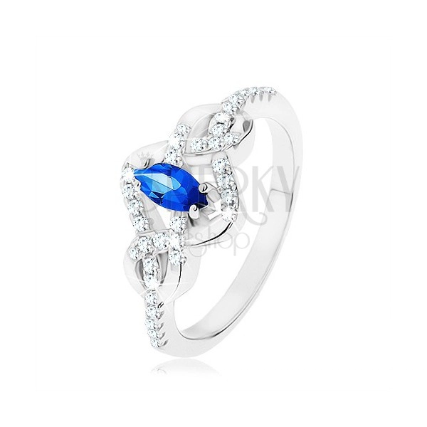 Srebrny pierścionek 925, niebieski cyrkoniowy owal, przeplecione linie zdobione cyrkoniami