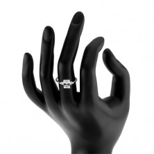 Zaręczynowy pierścionek, srebro 925, wielki cyrkoniowy prostokąt, małe trapezy