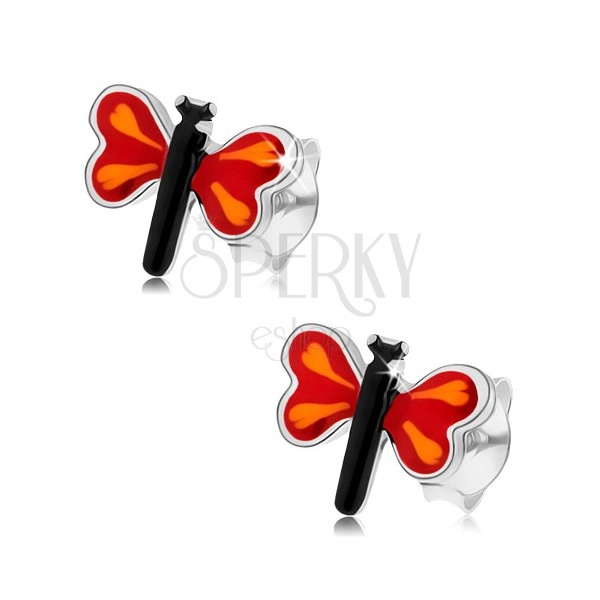 Kolczyki wkręty ze srebra 925, kolorowy mały motyl, czerwone skrzydła