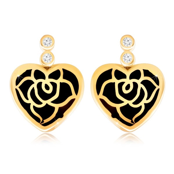 Kolczyki w żółtym 9K złocie - regularne serce z czarną emalią, róża, cyrkonie 