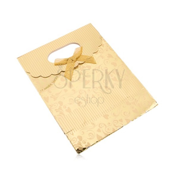Upominkowa torebka z papieru, lśniąca powierzchnia złotego koloru, serduszka, spirale, paseczki