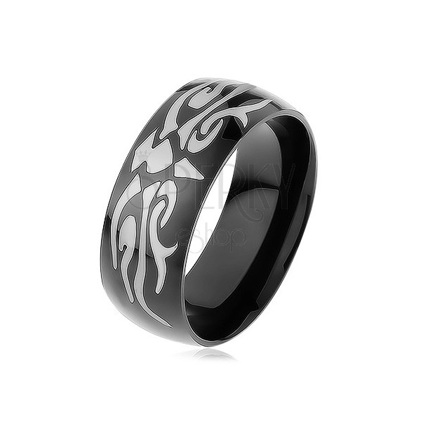 Lśniący stalowy pierścionek czarnego koloru, szary motyw tribala, gładka powierzchnia
