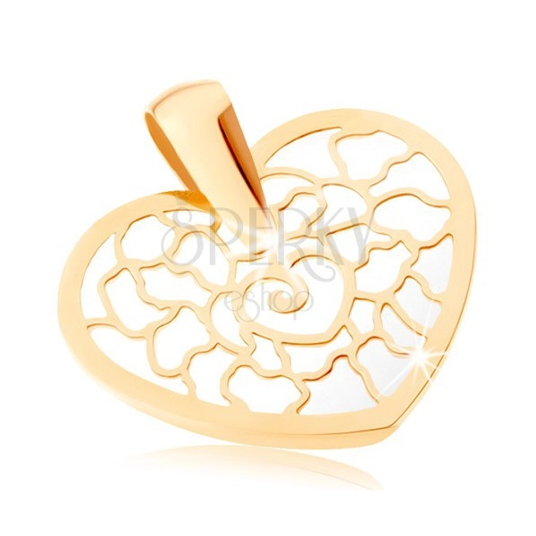 Złoty wisiorek 375 - zarys serca z ornamentami, tło z perły