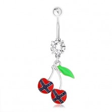 Stalowy piercing do pępka, czereśnie, flaga konfederacji, zielony liść