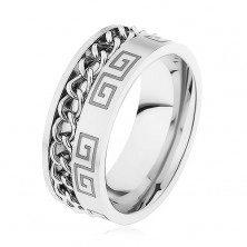 Stalowy pierścionek srebrnego koloru, nacięcie z łańcuszkiem, grecki klucz