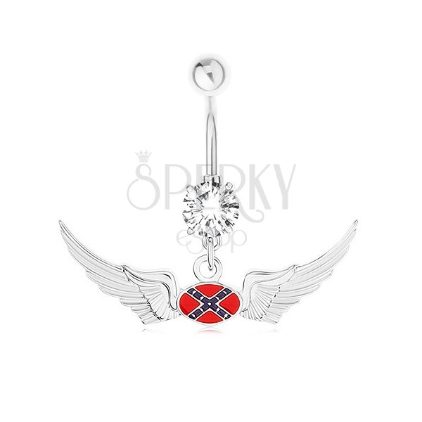 Stalowy piercing do brzucha, cyrkonia, motyw flagi Konfederacji, skrzydła
