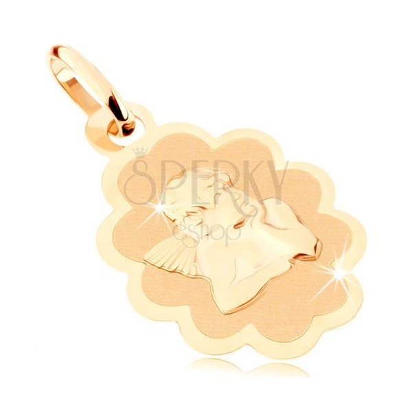 Wisiorek z żółtego 9K złota - matowy znaczek z aniołkiem, lśniąca dekoracyjna obwódka 