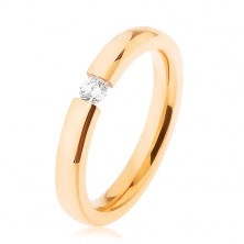 Stalowy pierścionek zaręczynowy złotego koloru, przejrzysta cyrkonia, płaskie ramiona