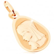 Złoty wisiorek 375 - matowy płaski medalik, zaokrąglona kropla, Maryja Panna