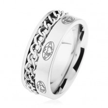 Stalowy pierścionek, łańcuszek, srebrny kolor, matowa powierzchnia, ornamenty