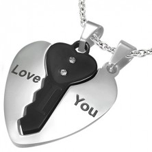 Stalowe wisiorki dla par, serce srebrnego kolor i czarny kluczyk